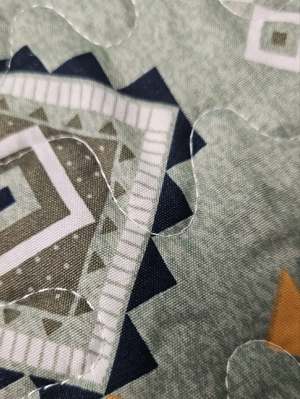 Quilted Bedspread Set in Sage Green and Gray Green with Blue and Yellow Accents